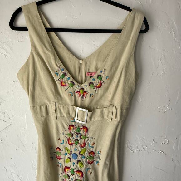 Y2K Max Rave‎ Beige Linen Mini Dress S Embroidered Floral Cottagecore - Picture 2 of 10